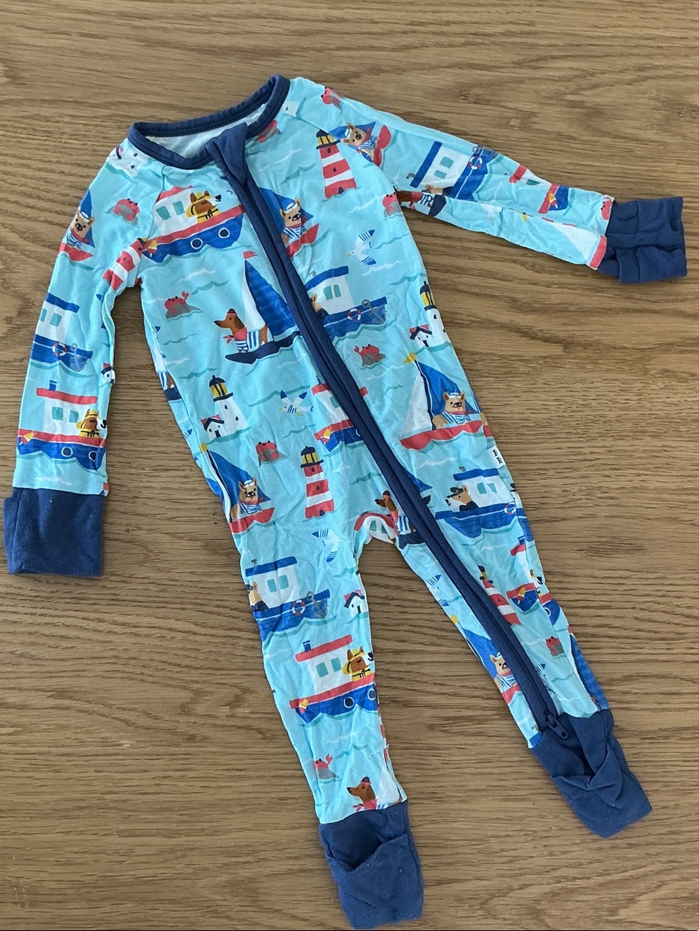 Little Sleepies Light Blue Nautical Boat Print Footed One-Piece